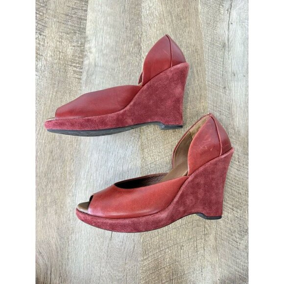 Kork Ease Liliana Heels Shoes Womens 7.5 Red Wedge Slip On Peep Toe Leather - Picture 4 of 13